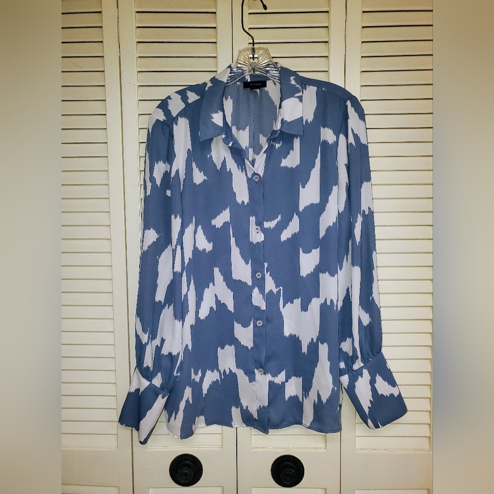 Halogen Blue And White Patterned Button-Up Blouse… - image 1